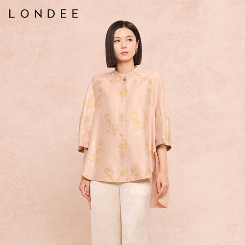 Londee/龙笛国风立领盘扣上衣女花卉印花七分袖复古衬衫6S25264