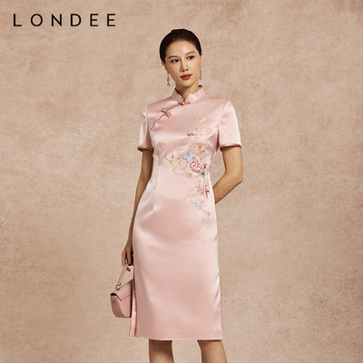Londee/龙笛新中式刺绣旗袍立领中长裙优雅连衣裙6T21163