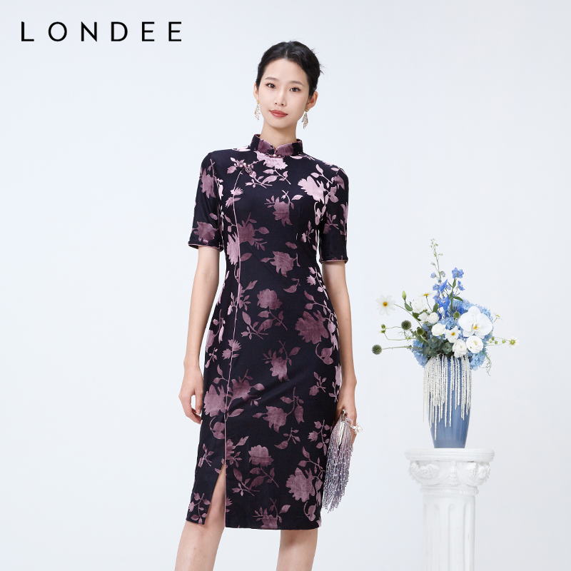 Londee/龙笛古典优雅高级感连衣裙新中式丝绒烧花旗袍日常4S21187