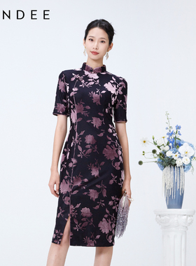 Londee/龙笛古典优雅高级感连衣裙新中式丝绒烧花旗袍日常4S21187