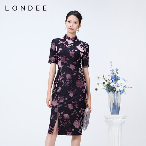 Londee/龙笛古典优雅高级感连衣裙新中式丝绒烧花旗袍日常4S21187