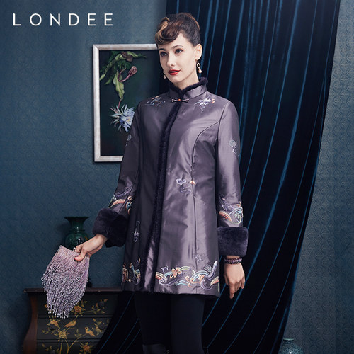 Londee/龙笛灰紫色中式棉衣