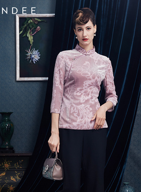Londee/龙笛秋冬烧花丝绒面料旗袍上衣2T22299