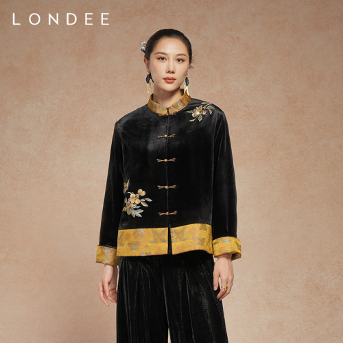 Londee/龙笛秋冬新中式黑金老钱风上衣高级感丝绒保暖外套5T25195