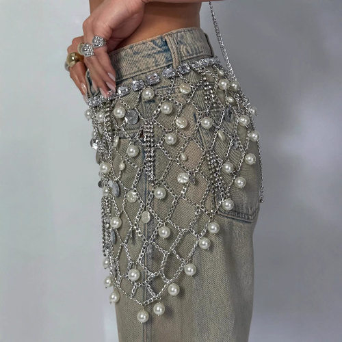 L7396ins skirt手工节日珍珠挂坠链条腰链网格百搭半身裙实拍