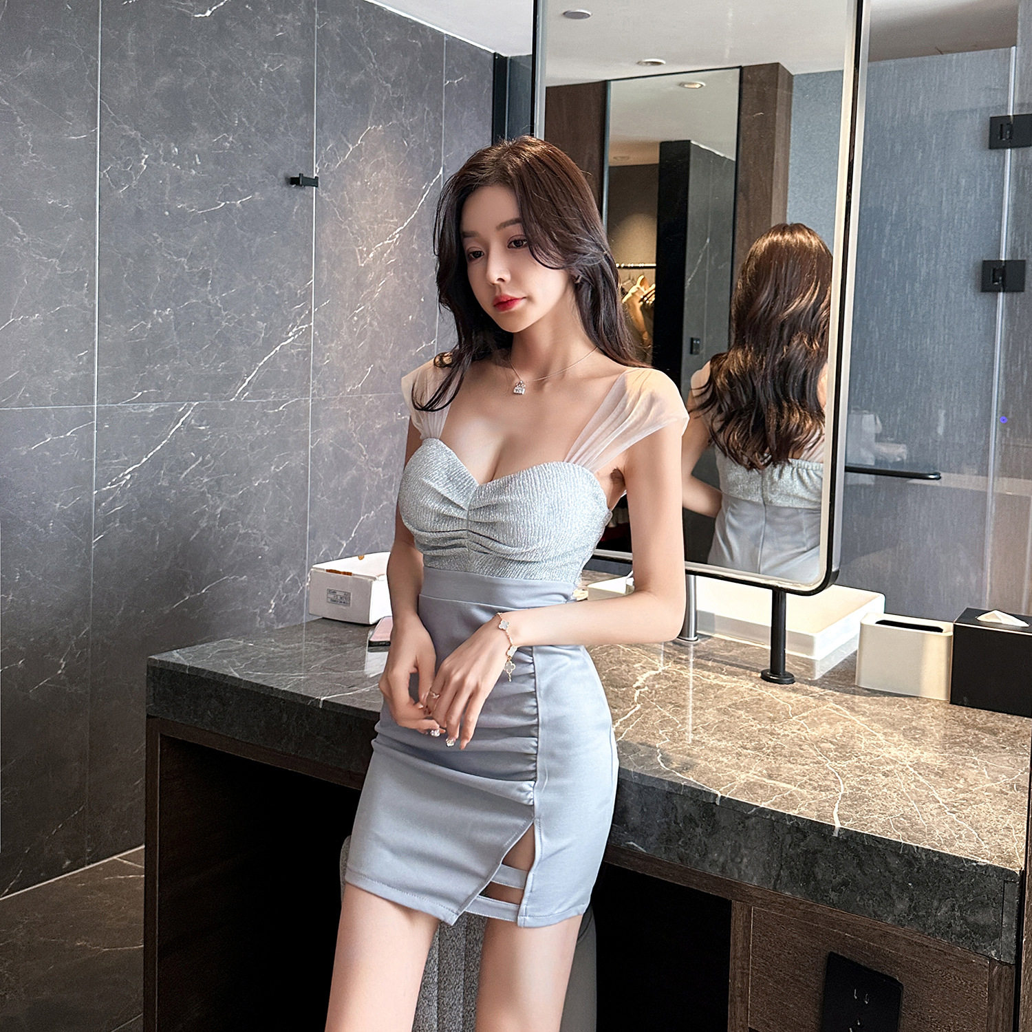 夜店女装低胸性感开叉包臀连衣裙气质露背紧身短裙夜总会技师工服