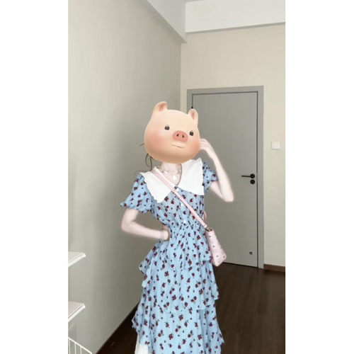 Z1H法式翻领蓝色短袖碎花连衣裙女2025气质设计感独特别致漂亮长