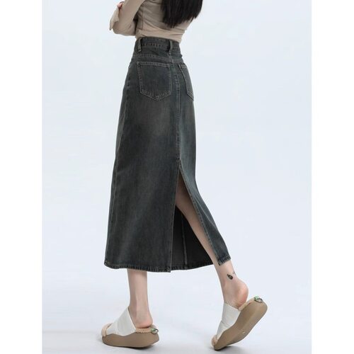 复古水泥灰牛仔半身裙女中长款大码胖mm遮胯显瘦高腰a字开叉裙子