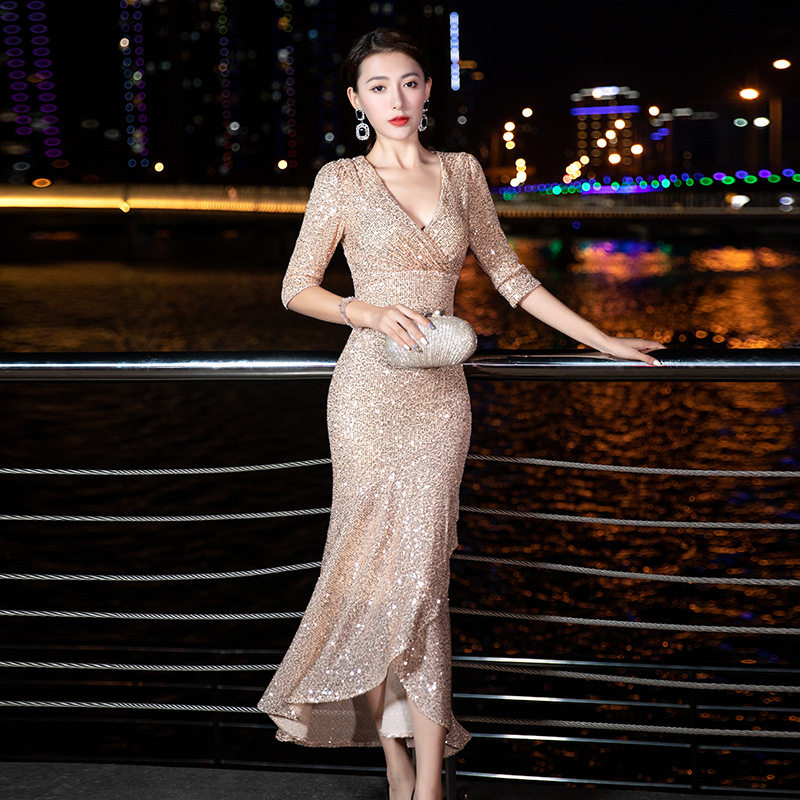 夜场女装修身显瘦七分袖连衣裙亮片长裙主持人年会礼服优雅礼服裙