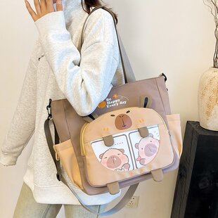 卡皮巴拉小学生斜挎包帆布包卡通手提袋女孩初中生单肩背包补习袋