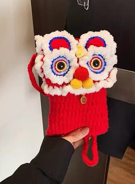迷你小包包女童2026新款红色新年拜年包儿童斜挎针织虎头醒狮包包