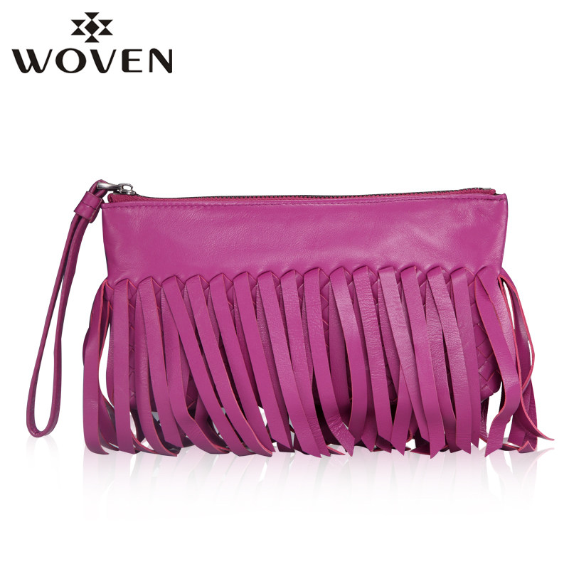 编织流苏手拿包气质真皮手机袋小羊皮时尚休闲方形拉链红色化妆包