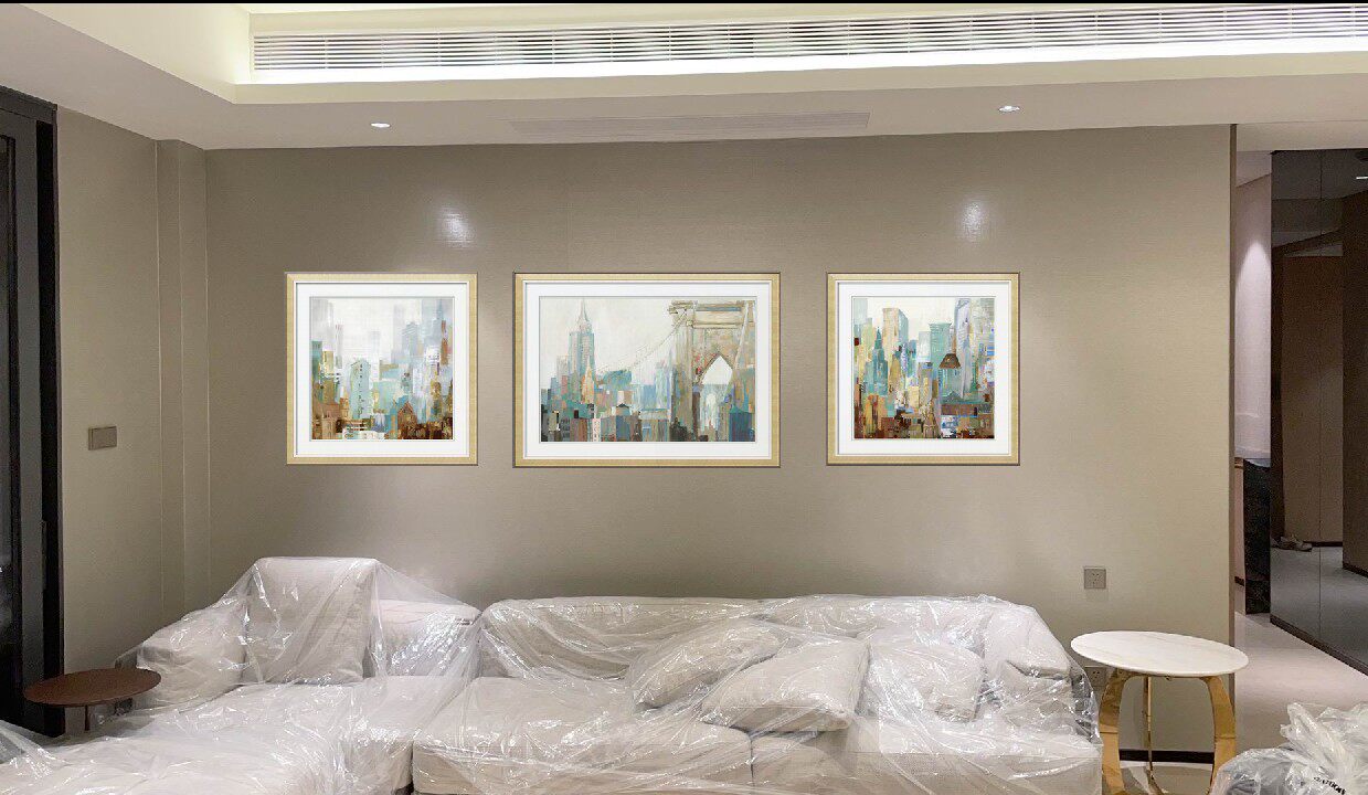 进口原版画芯简美现代高端进口实木框客厅套画都市印象