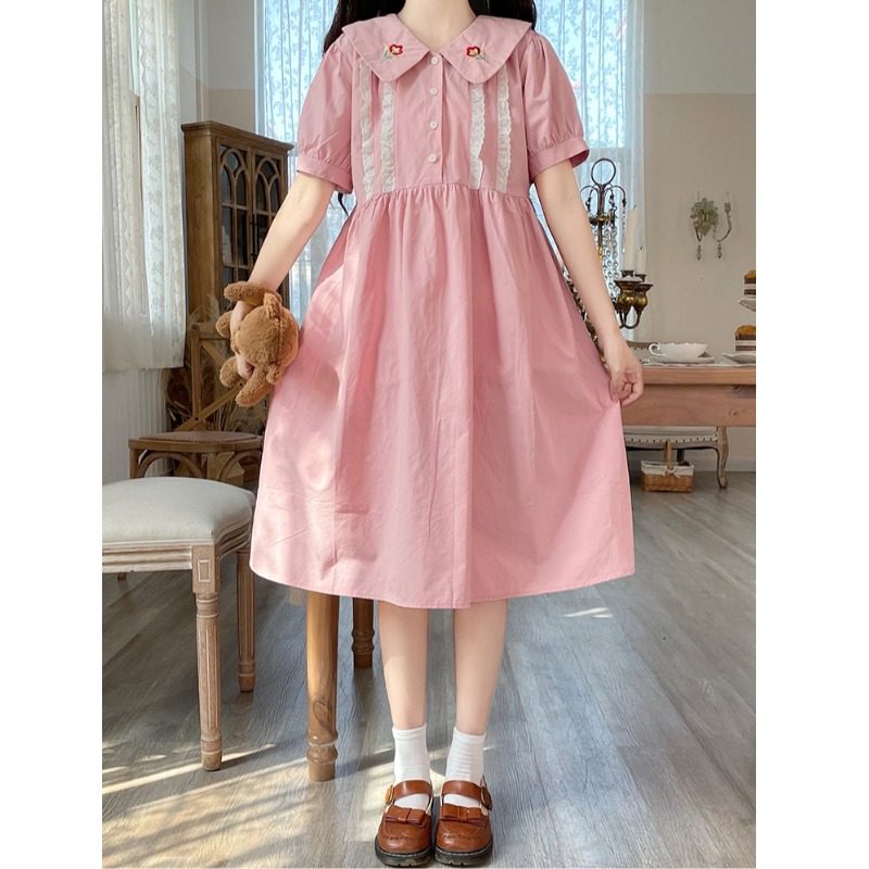 学院风日系甜美娃娃领泡泡袖连衣裙少女粉色夏装初中高中学生裙子