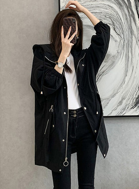 小个子风衣女中长款2025春秋新款韩版宽松大码bf学生连帽工装外套