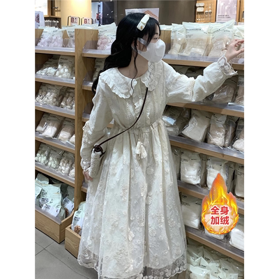 娃领加绒厚蕾丝连衣裙女冬