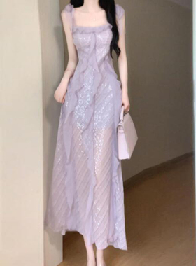 法式紫色亮片吊带连衣裙女春夏气质高级感海边度假独特绝美礼服裙