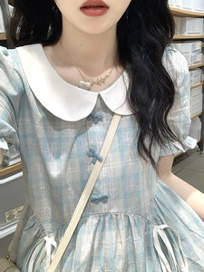 撞色格子娃娃领连衣裙少女2025春夏新款初高中学生甜美时尚中长裙