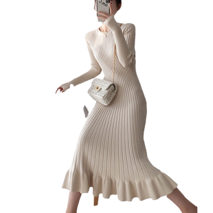 针织连衣裙女过膝长款内搭修身羊毛衫法式2025秋冬配大衣的毛衣裙