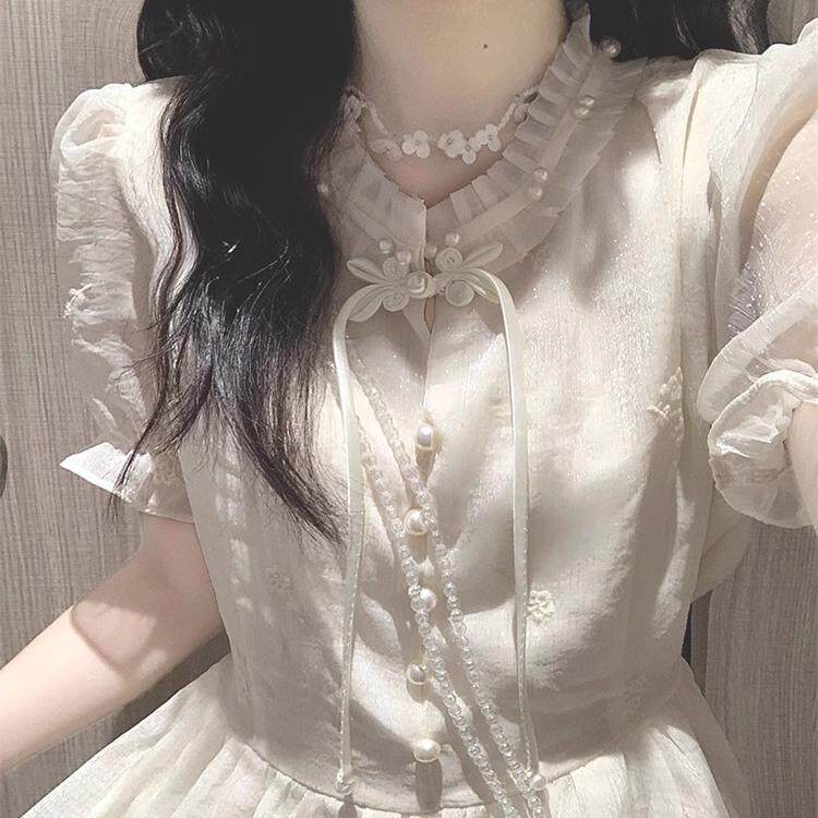 新中式刺绣杏色连衣裙女夏