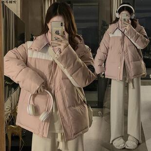 面包服2025冬季新款韩版宽松学生粉色拼色慵懒风加厚工装棉服女