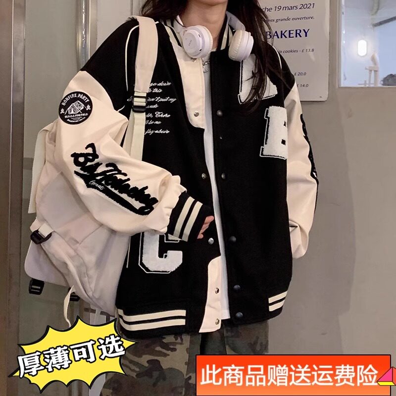 美式复古棒球服外套少女春图片
