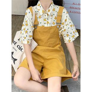 黄色多巴胺背带裤套装夏季女2025新款宽松显瘦阔腿初中女生短裤子