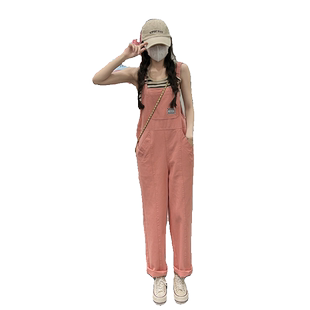 粉色工装背带裤女夏季2025新款韩版宽松学院风百搭直筒休闲长裤子