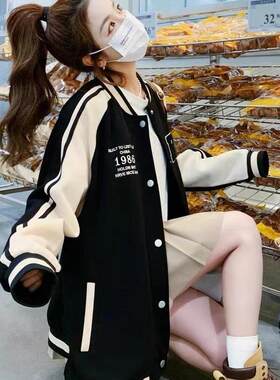 美式黑色刺绣棒球服外套女春