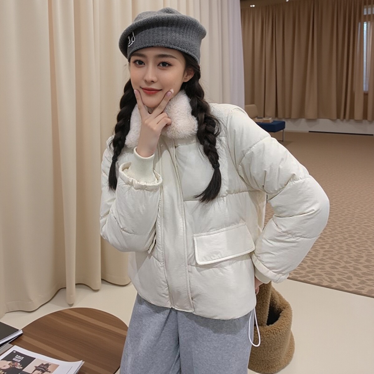 韩版毛领羽绒棉服外套女冬装