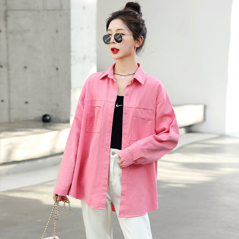 粉色牛仔衬衫外套女春装新款韩版宽松休闲时尚百搭中长款女士衬衣