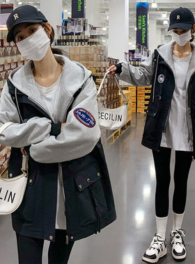 休闲外套假两件拼接连帽风衣