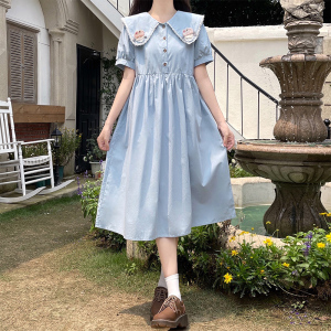 海军领连衣裙少女夏2024新款初中高中学生森系甜美收腰过膝长裙子