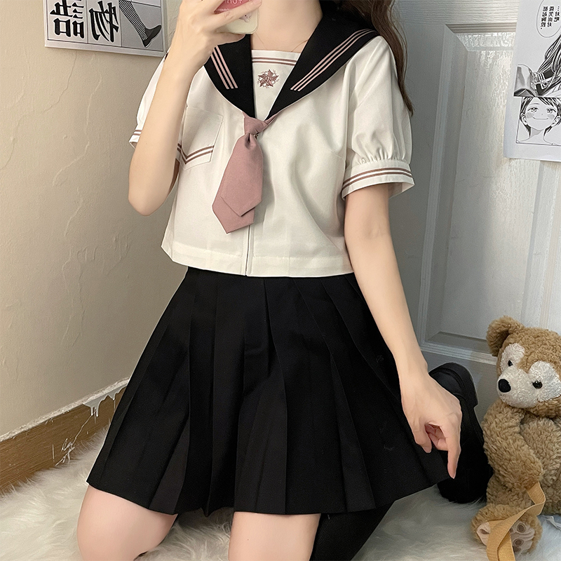 森女日系部落jk制服套装裙女夏季学生刺绣水手服百褶裙校服两件套-封面