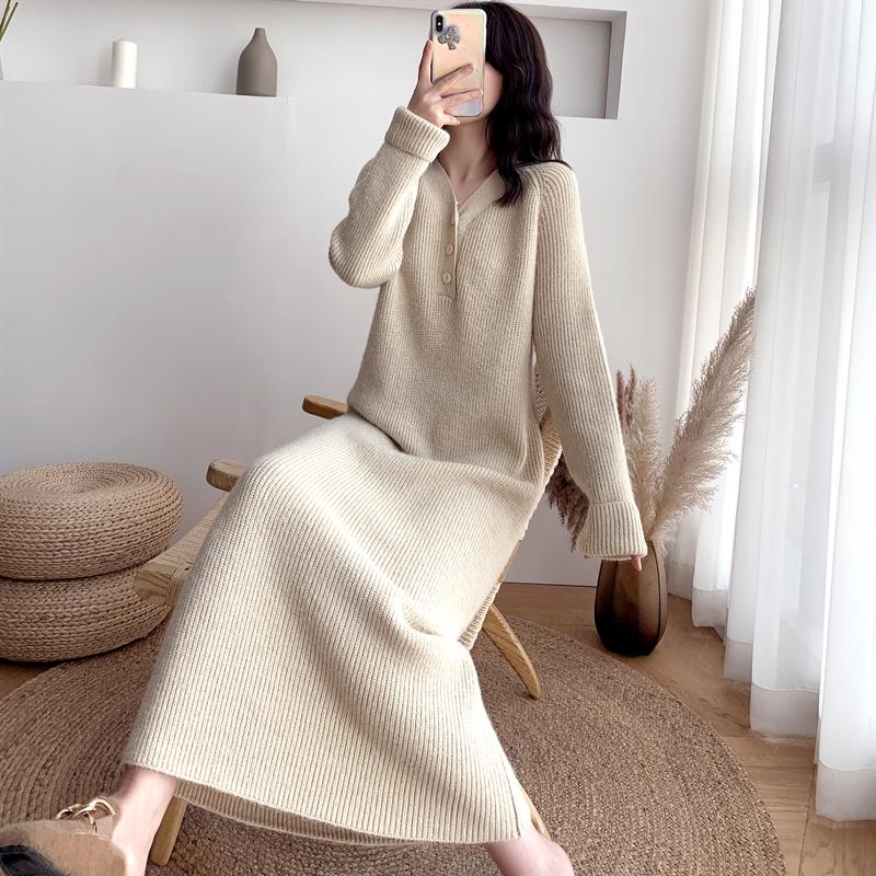 配大衣打底毛衣裙女长款秋冬天加厚宽松V领过膝内搭针织连衣裙子,女装/女士精品,羊绒衫,淘宝优惠券,粉丝福利购,淘宝优惠卷