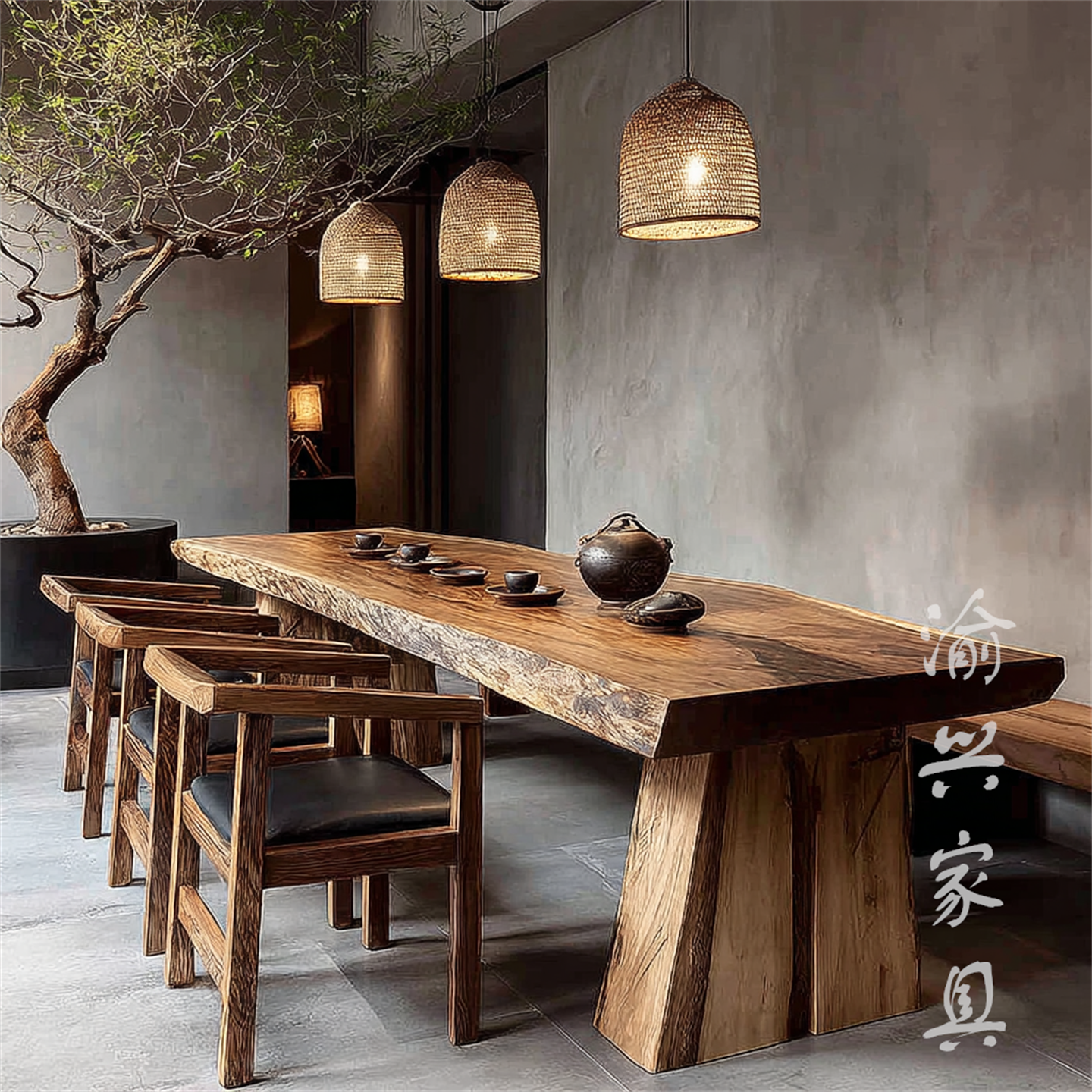 中古风实木大板桌原木餐桌茶桌家用长方形侘寂风禅意桌子泡茶桌