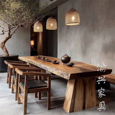 中古风实木大板桌原木餐桌茶桌家用长方形侘寂风禅意桌子泡茶桌