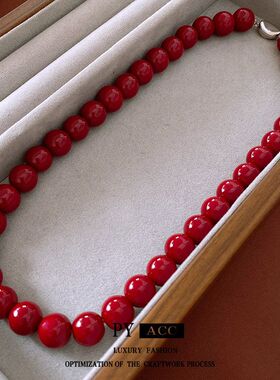 安可拉红圆形玻璃珠串珠项链简约时尚百搭锁骨链高级感气质饰品