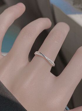 交叉可高级调节小众简约设计感女镶钻戒指开口锆石线条排钻风冷淡