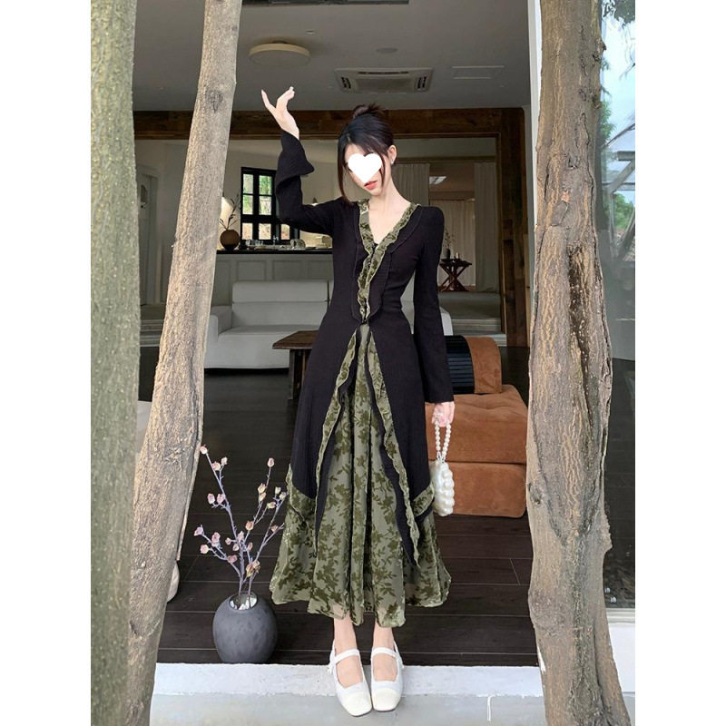 套装女夏款[新中式领]拼接q长袖/开衫/松紧腰//zui美半身1裙套装