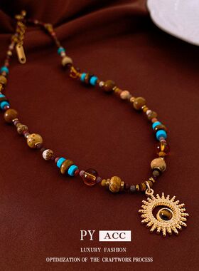 钛钢天然石太阳吊坠不锈钢项链欧美风美拉德气质锁骨链小众饰品