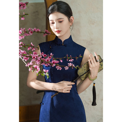 《蓝染》蓝色无袖旗袍古法全开襟曳地长款年轻款少女高级感日常可
