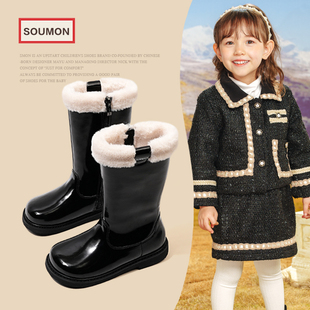 儿童黑色皮靴冬季宝宝中筒雪地靴女童公主靴女小童外穿抗寒大棉靴