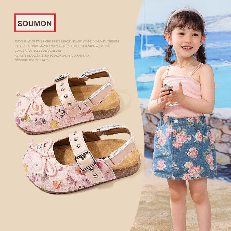 儿童半拖鞋女童夏款凉鞋小童真皮勃肯凉鞋外穿软底休闲鞋宝宝鞋子