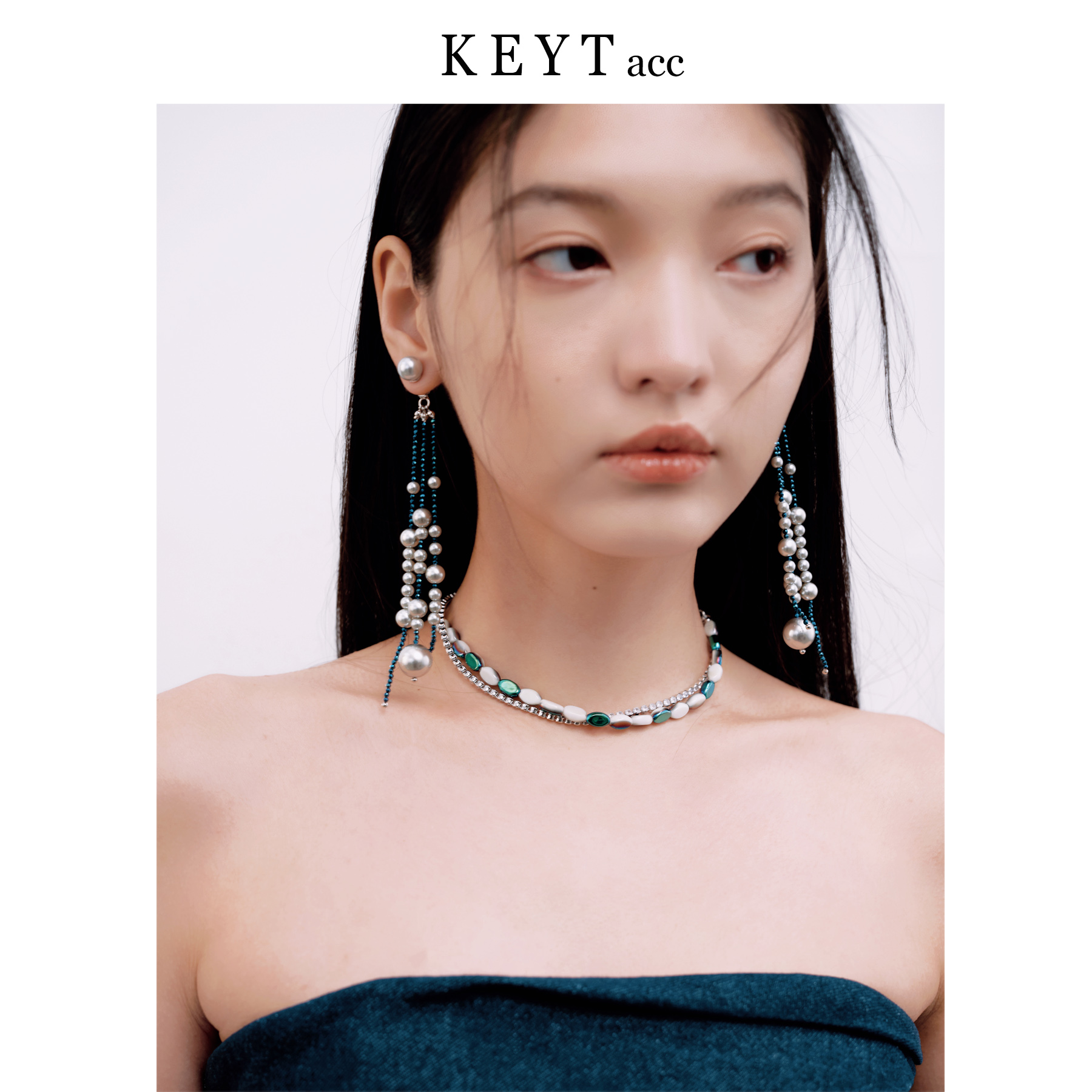 keytacc原创设计深海薄荷蓝色长款流苏银珠耳环