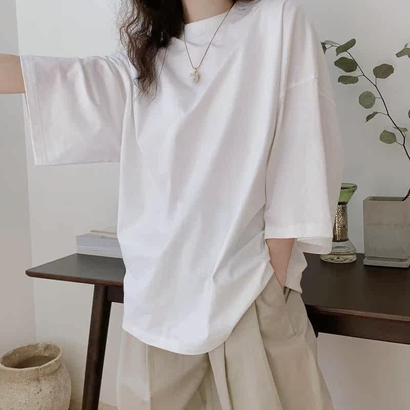 新疆阿克苏有机长绒棉黑白色圆领中袖T恤男女设计感小众2025春夏