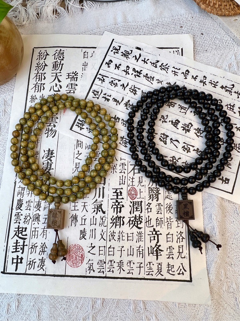绿檀木108颗多圈搭配雕刻黑檀方牌佛珠项链文玩男女黑檀木手串款