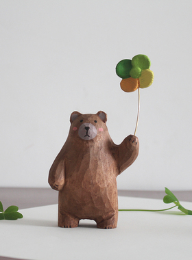 可爱手工椴木小熊治愈摆件