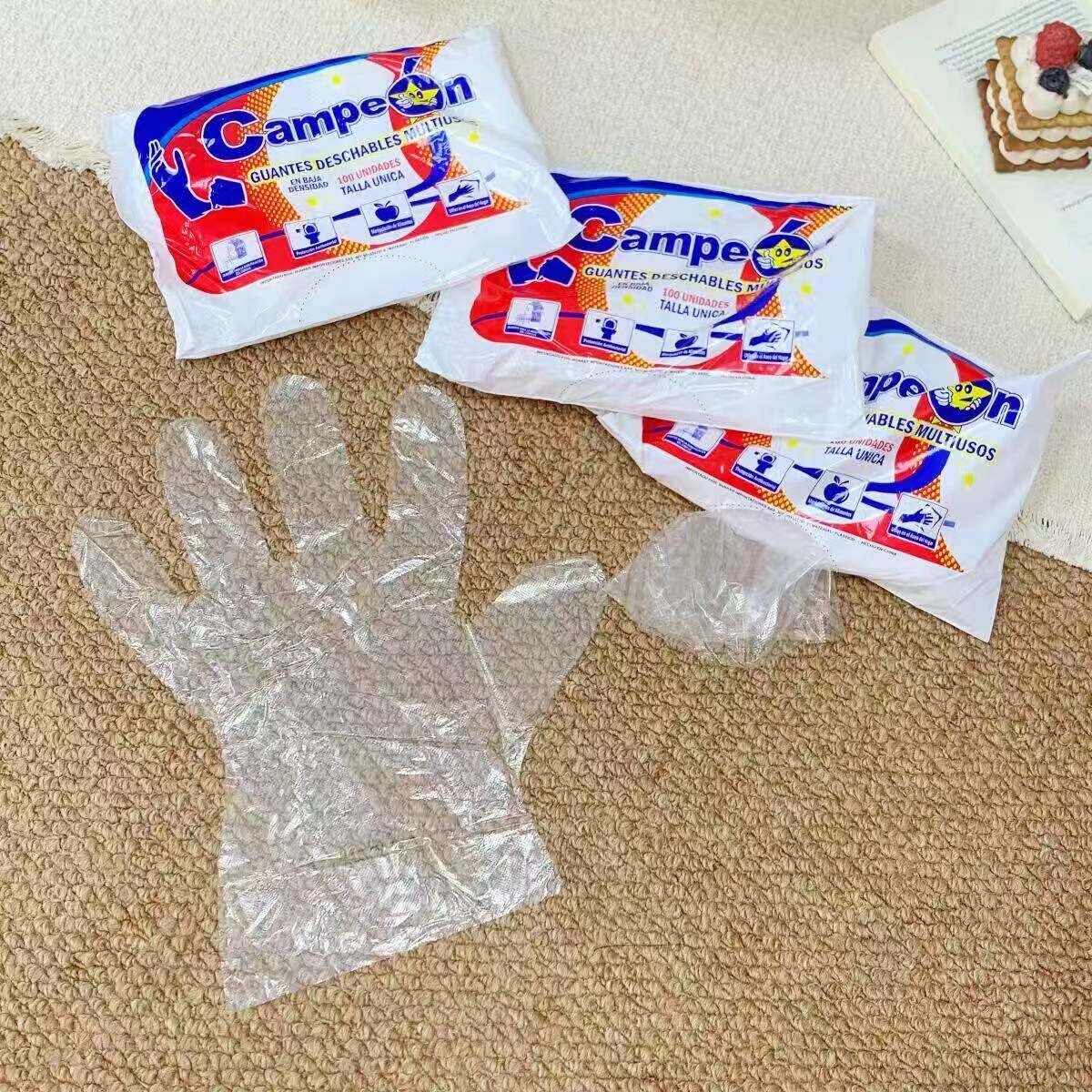 出口一次性PE透明手套食品级家用厨房烘焙餐饮防护手套袋装100只