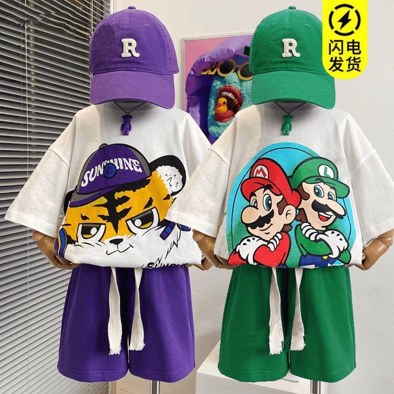 童装纯棉套装上衣+裤子夏季童女童男童夏装休闲运动中大童两件套